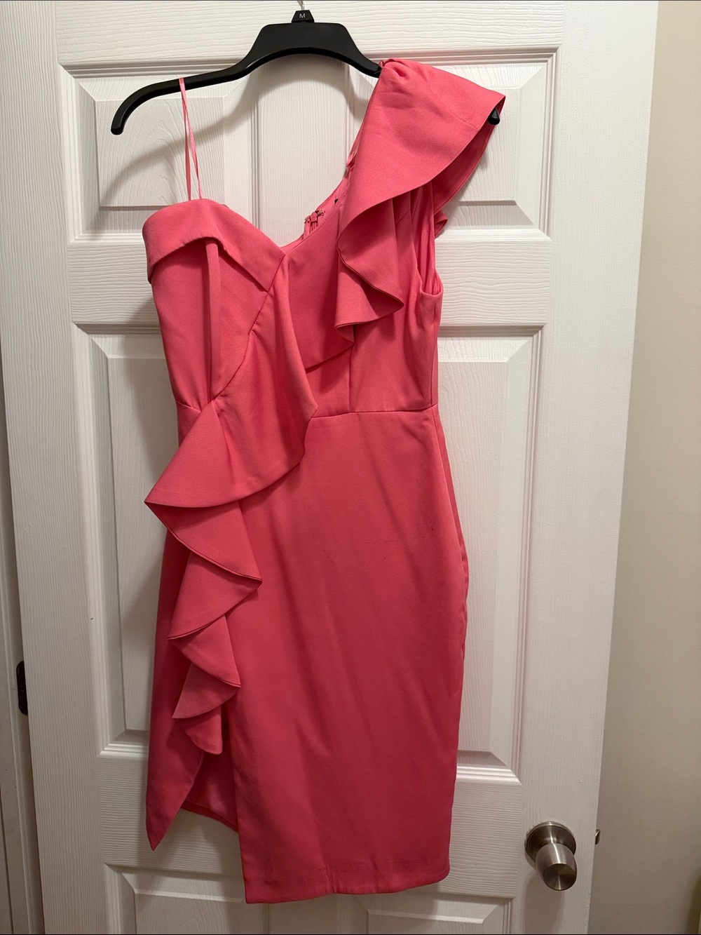 fab'rik One-Shoulder Ruffle Dress in Coral
